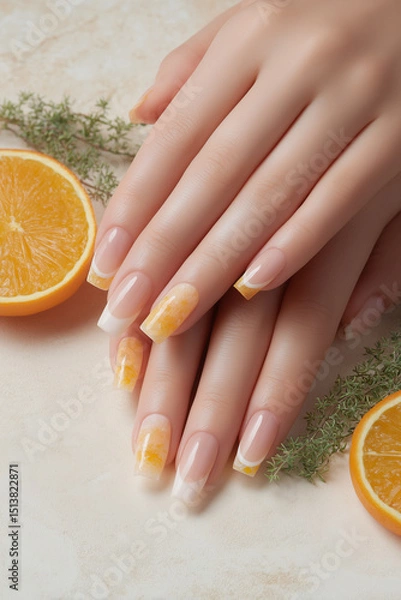 Fototapeta Summer-inspired nail art features bright orange accents and delicate designs showcasing creativity and elegance with citrus freshness