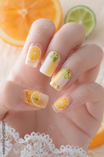 Fototapeta Bright citrus-themed nail art design showcasing vibrant oranges and refreshing limes during a sunny afternoon