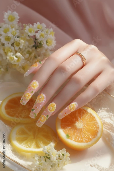 Fototapeta Vibrant lemon-themed nail art showcases floral elegance and summer vibes in a serene setting