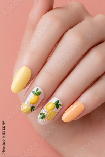 Fototapeta Vibrant lemon-inspired nail art showcasing creativity and seasonal charm on a peach backdrop