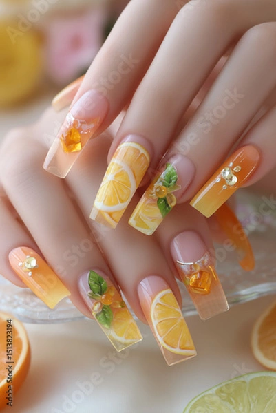Fototapeta Colorful citrus-inspired nail art brings a refreshing touch to summer vibes