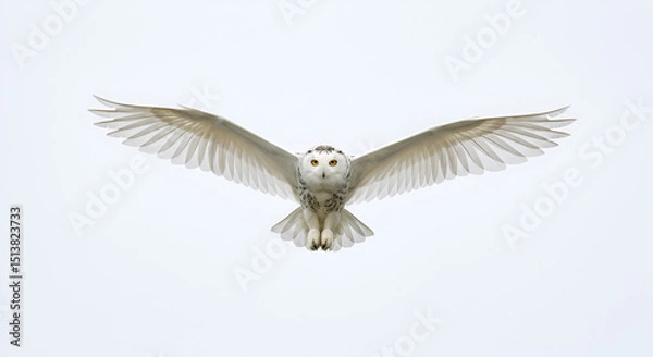Obraz A snowy owl flies with open wings, facing towards the viewer. white background