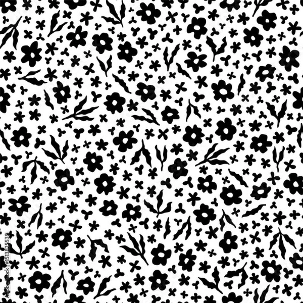 Fototapeta Vector dense seamless pattern with hand drawn cute flowers. Beautiful design for textile, wallpaper, fabric, wrapping paper and backgrounds.