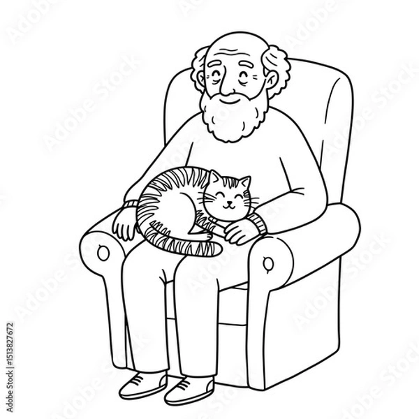 Obraz Elderly man sitting in armchair with cat resting on his lap  