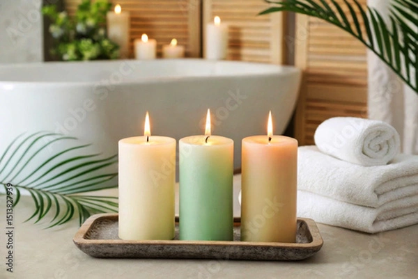 Fototapeta Three lit candles in soft colors on a tray, surrounded by towels and green leaves. A serene bathroom setting with a bathtub in the background.