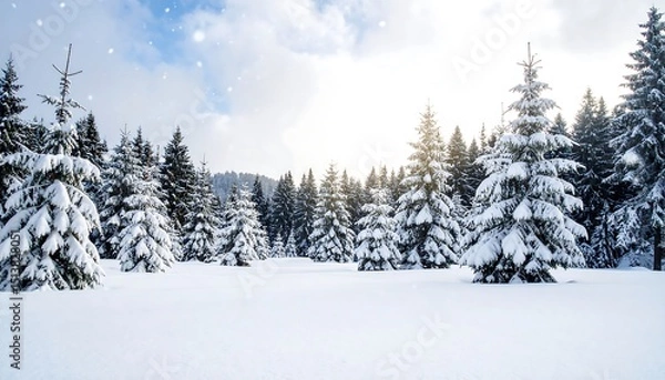 Fototapeta Winter wonderland scenery with snow-covered evergreen trees under a bright, cloudy, sunlight sky.