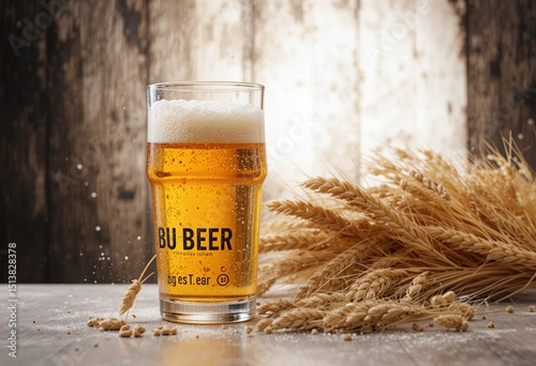 Fototapeta Golden beer glass with wheat. Ideal for brewery ads, beer packaging, pub menu designs, and Oktoberfest-themed creative projects