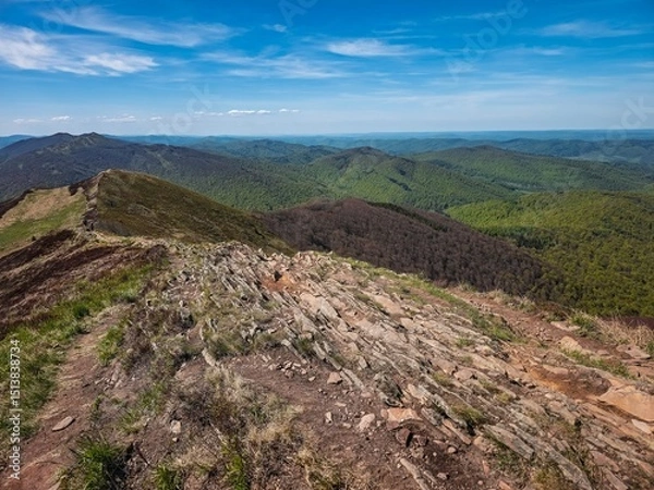 Obraz View from Połonina Carycka towards the Bieszczady Mountains, covered with forests, the region in Europe with the lowest population density.