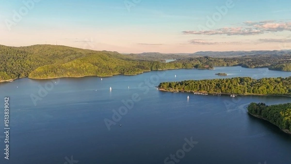 Obraz A panoramic view from a drone of Zalew Solina, called the Bieszczady sea, an artificial reservoir created by damming the waters of the San River, a popular recreation area in Southern Poland