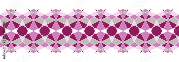 Obraz Geometric complex seamless border in shades of pink. Complicated colorful background. Mosaic ornament of polygonal shapes. Diamond grid square tile. Classic stainless glass design