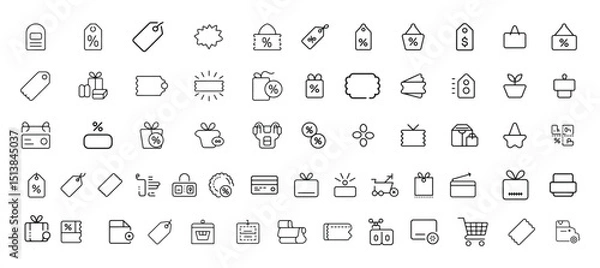 Fototapeta Discount set of web icons in line style. Shopping and e-commerce linear icon collection. Containing label, price tag, coupon, sale promotion, offer, credit, price card and more. Editable stroke vector