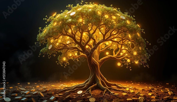 Obraz Digital tree with leaves made of glowing cryptocurrency coins, roots as computer circuits, planted in soil of gold bars, surreal business nature fusion, cinematic lighting