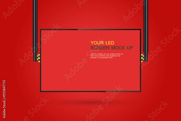 Fototapeta A Hanging red LED Screen Mockup in 3D vector, illusstration. the Realistic LED screen on red background. The Illuminated lightbox with empty space for design