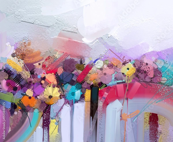 Fototapeta Abstract colorful oil, acrylic painting of spring flower. Hand painted brush stroke on canvas. Illustration oil painting floral for background. Modern art paintings flowers with yellow, red color.