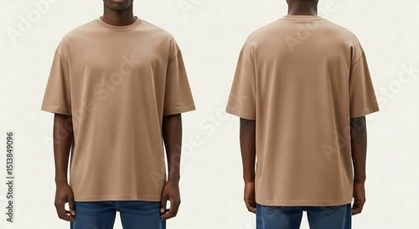 Fototapeta Beige Oversized Plain T-Shirt Mockup on Man, Front and Back Views, Isolated on Cream Background, AI-Generated Image