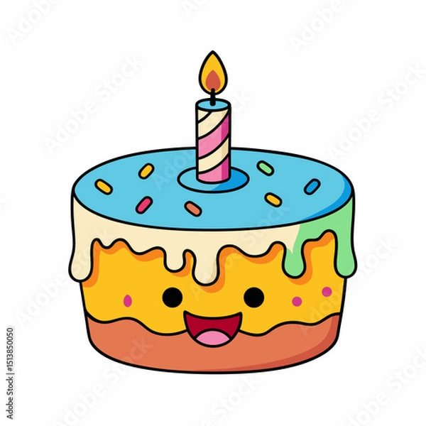 Fototapeta Cartoon Birthday Cake Icon with Candle, Happy Face, Dripping Frosting, and Sprinkles – Festive Vector SVG