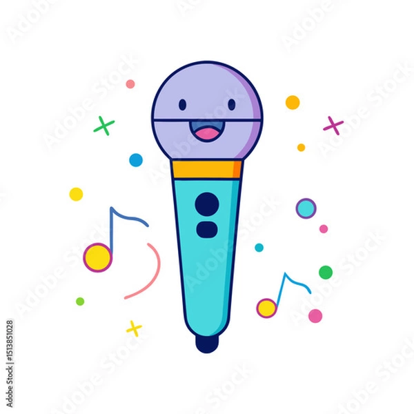 Fototapeta Cartoon Microphone Icon with Music Notes and Smiling Face – Bright Neon Colours, Fun Music Vector SVG