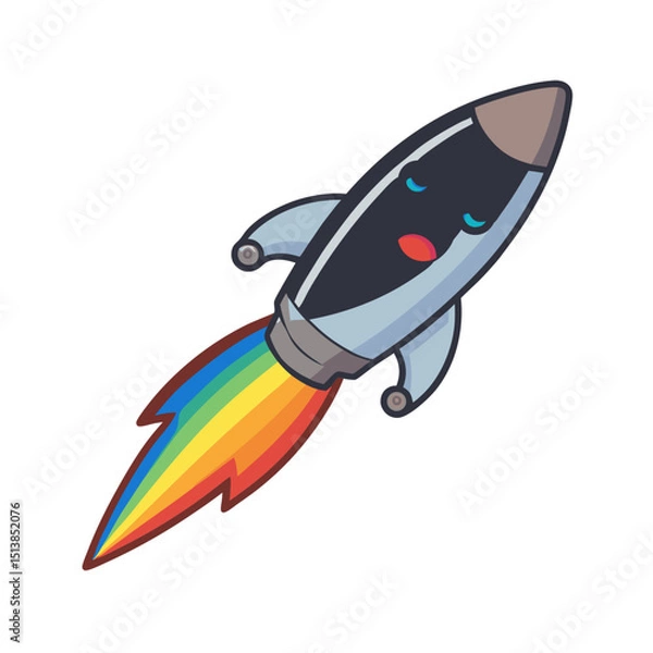 Fototapeta Cartoon Rocket Icon with Smiling Face and Rainbow Trail – Metallic Finish, Bright Colours, Illustration