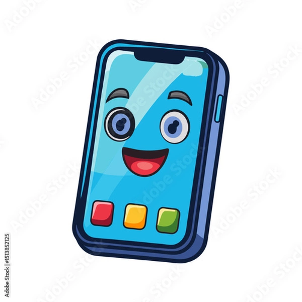 Fototapeta Cartoon Smartphone Icon with Smiling Face and Bright App Icons – Fun Tech Gadget Vector, SVG