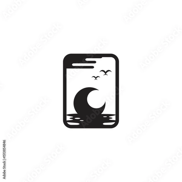 Fototapeta Crescent moon logo design on ocean beach in square frame.