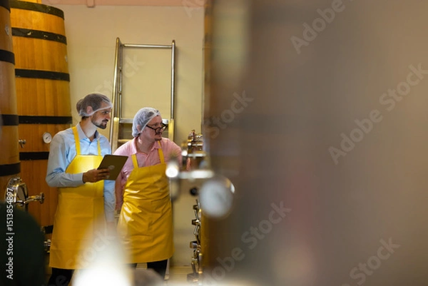Fototapeta winemaker : Two professional winemaker working inspection process of make wine at traditional wine factory rolls barrel. Wooden wine barrels or cognac barrels in the cellar of the winery