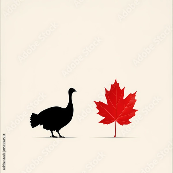 Fototapeta Black silhouette of turkey next to a vibrant red maple leaf Generative AI
