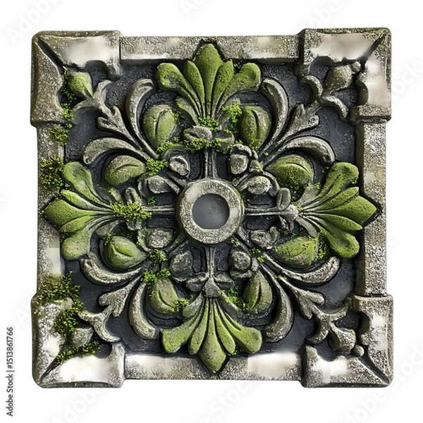 Fototapeta Ornate stone relief with green moss detailing in garden setting Generative AI