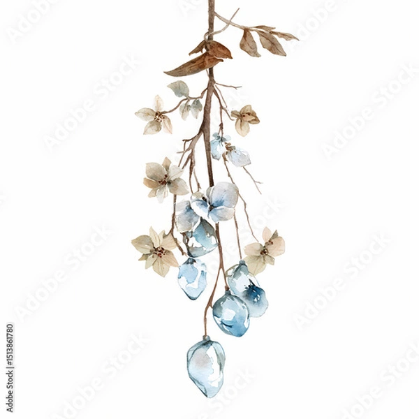 Fototapeta A detailed artwork features hanging flowers and light blue crystals elegantly arranged
