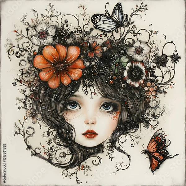 Fototapeta Artistic portrait of a girl with flowers and butterflies in spring Generative AI