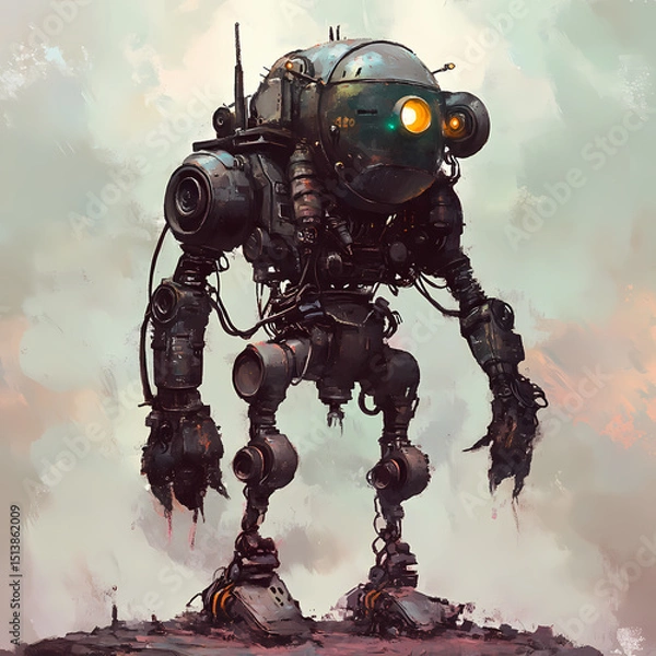 Fototapeta Robotic figure standing on a barren landscape in a futuristic setting Generative AI
