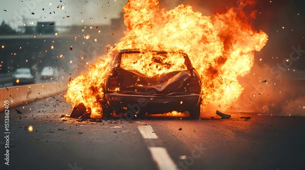 Fototapeta Car accident with fire and debris exploding on highway