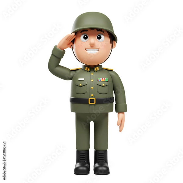 Obraz 3D Render Saluting Soldier Cartoon isolated on transparent baackground