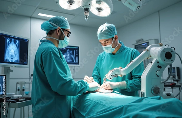 Fototapeta Surgeons perform surgery using robot in modern operation room. Robotic arm precise movements in operation. Medical tech, innovative healthcare procedure, futuristic technology used during surgical