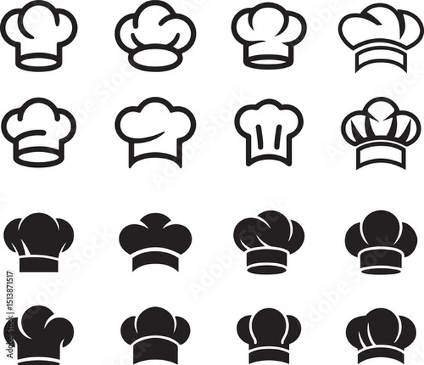 Fototapeta Set of chef's hats icon in various styles silhouette and line art vector