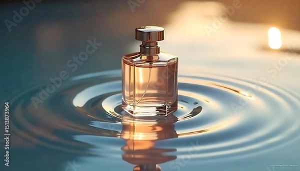 Fototapeta high-end and elegant perfume ad from a close-up shoot. perfume stands in the middle of the picture in a thin layer of water created with generative ai