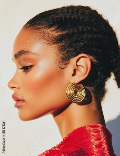Obraz Elegant profile of a model showcasing stylish circular earrings against a warm, sunlit backdrop during a fashion photoshoot