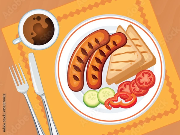 Fototapeta Breakfast plate with fried sausage, toast, coffee top view vector illustration. Roasted sausages, toasted bread, vegetables on a wooden table above view vector. Grilled sausage on the table drawing
