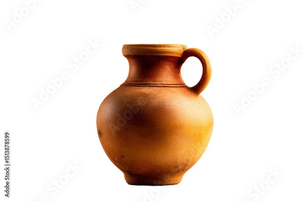Obraz Clay pottery vessel, handcrafted earthenware jug with a curved body and a loop handle, perfect for home decor or art display. Isolated on white background or PNG