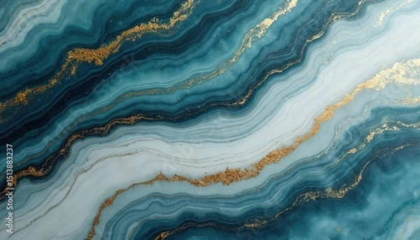 Fototapeta Abstract marble texture with gold veins flowing through blue surface. Luxury background design, elegant pattern for interior decor, wallpaper, art, design, gemstone or precious stone.