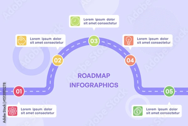 Fototapeta Winding Five Step Roadmap Infographic with Icons and Milestones