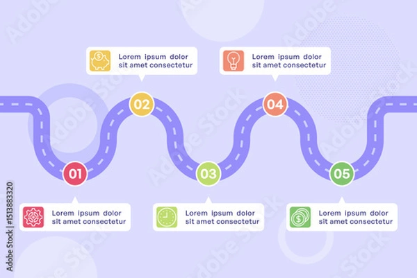 Fototapeta Five Point Wavy Roadmap Design with Gradient Circles and Icons