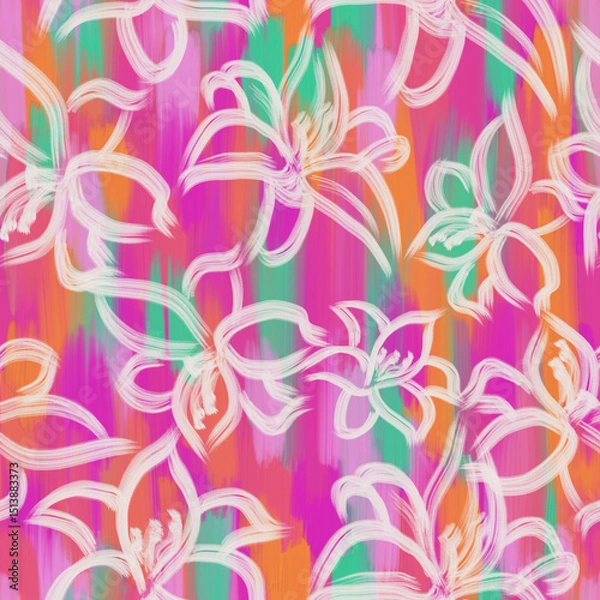 Obraz Vibrant Brushstroke Floral seamless Pattern with Hand Drawn White Flowers on Colorful Abstract Background