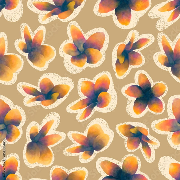 Obraz Vintage Watercolor Floral Seamless Pattern with Soft Gradient Flowers with Textured Beige Outlines on Tan Background