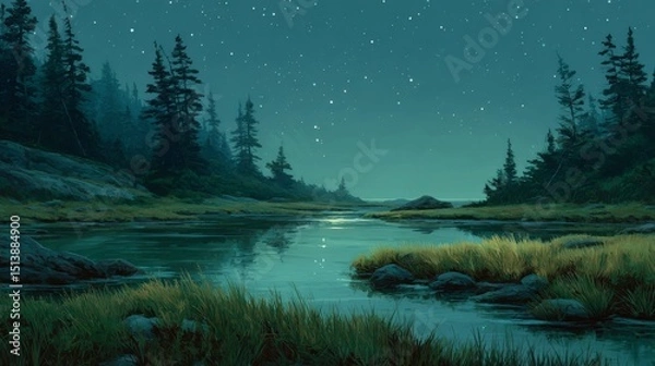 Obraz Night Landscape with Starry Sky and Calm Water