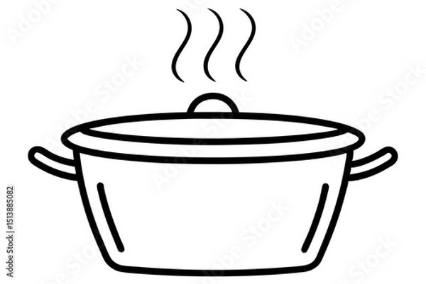 Fototapeta Simple black and white outline of a cooking pot with steam rising upwards