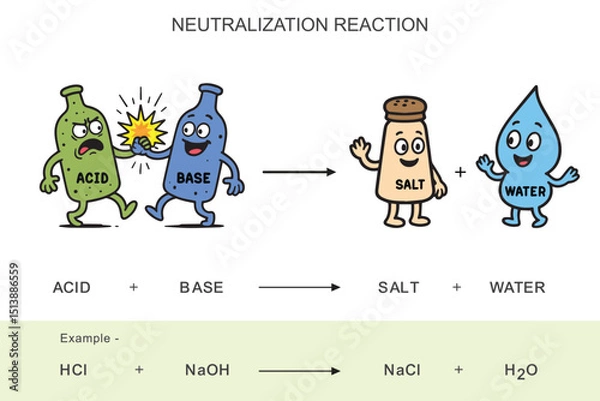 Fototapeta Humorous Cartoon Showing Acid Base Neutralization for Chemistry Learning and Kids Science Content