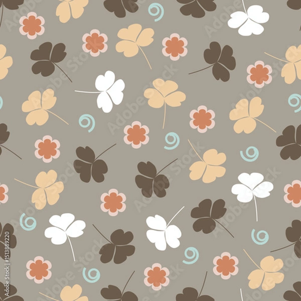 Obraz Clover leaves foliage seamless pattern. Neutral floral vector surface design of 3 leaf clover leaves and scandi flowers