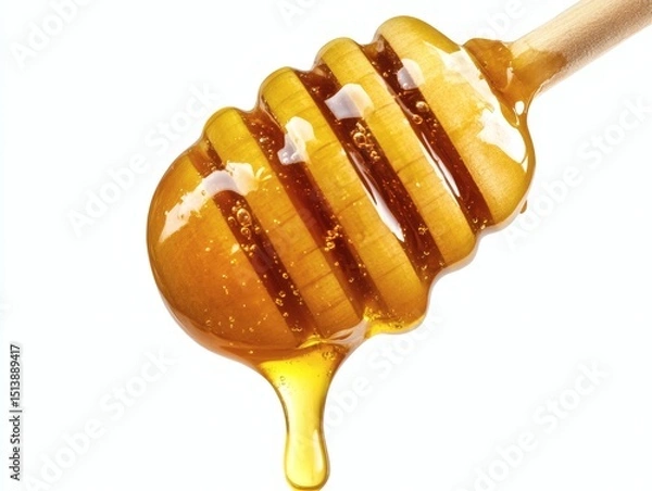 Fototapeta Pouring Honey with a wooden dipper mead covered with thick, golden amber honey. Honey flows down from the mead, forming a puddle on a transparent or white background.