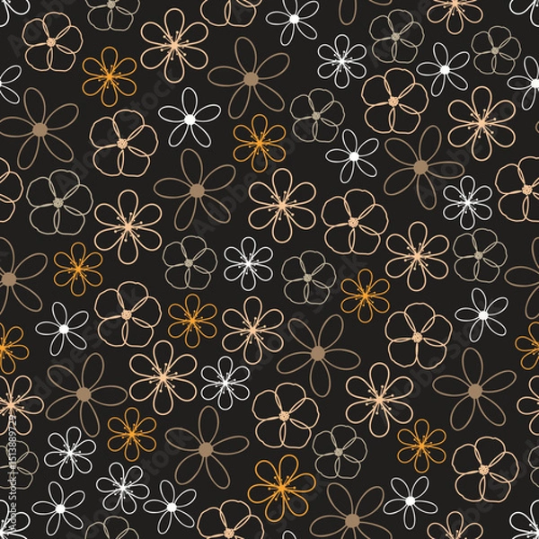 Obraz Linocut flowers seamless pattern. Dark floral vector surface design of line art flowers