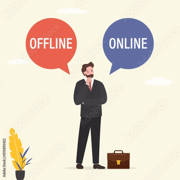 Fototapeta Businessman thinking about difficult decision. Male character standing confused to choose between two option online or offline work. Freelance or office work.